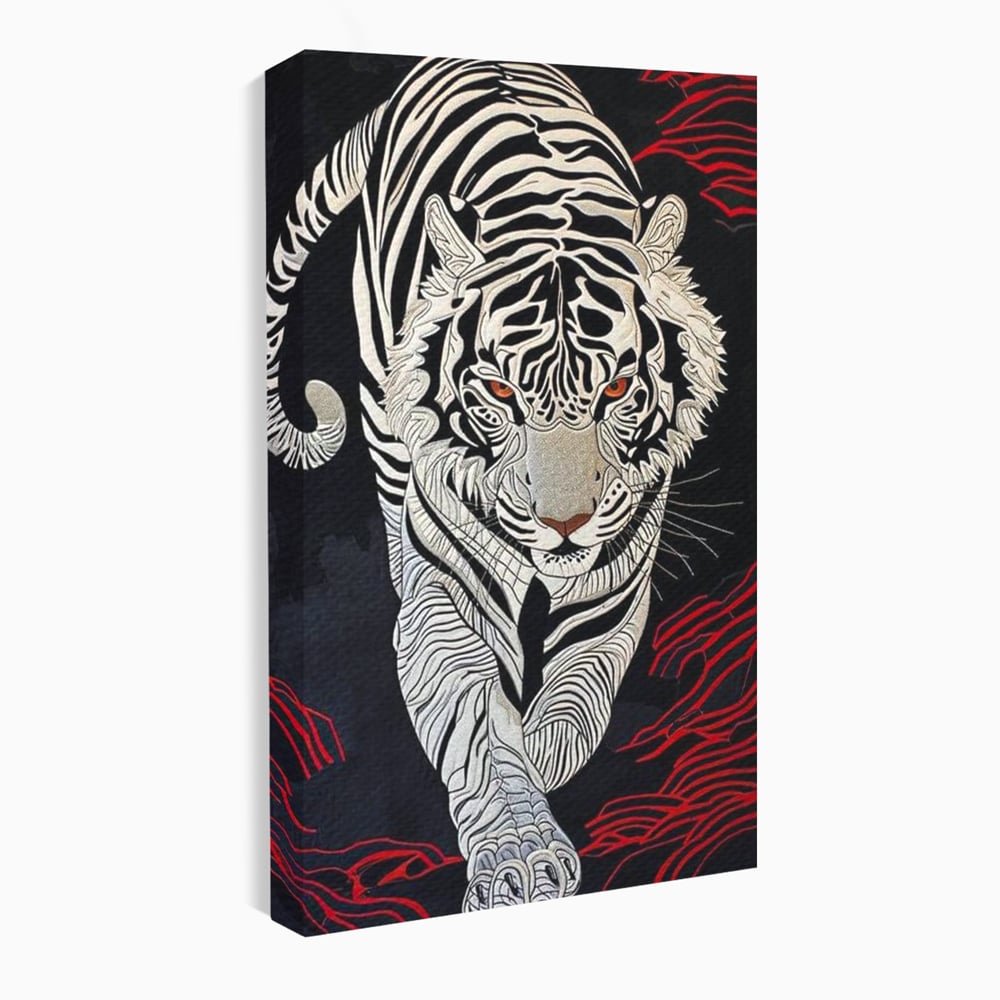 Tablou canvas cu tablou vertical cu tigru alb pe fundal negru, fara rama, pe sasiu de lemn